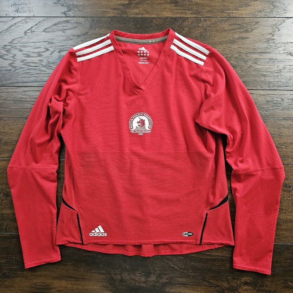 Vintage Adidas 2005 Boston Marathon Red Longsleeve Running Shirt Climacool MED